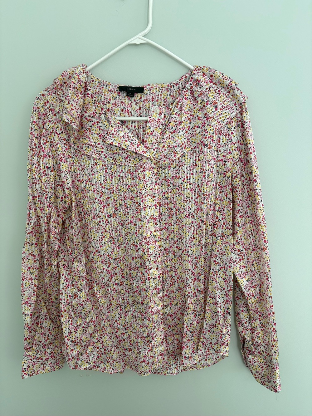 J Crew Pink Multicolor Floral Ruffle-Neck Blouse